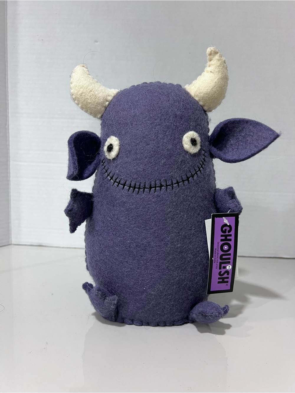 Ghoul-ish Purple Monster Halloween Decor Felt Horned Figure Primitive Folk Art